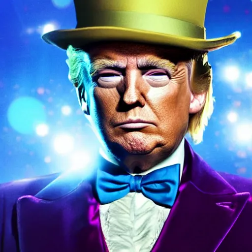 Prompt: donald trump as willy wonka in avengers movie, fantasy, splash art, avengers movie, movie still, detailed face, photorealistic facial features, cinematic lighting, dramatic, octane render, long lens, shallow depth of field, bokeh, anamorphic lens flare, 8 k, hyper detailed, 3 5 mm film grain