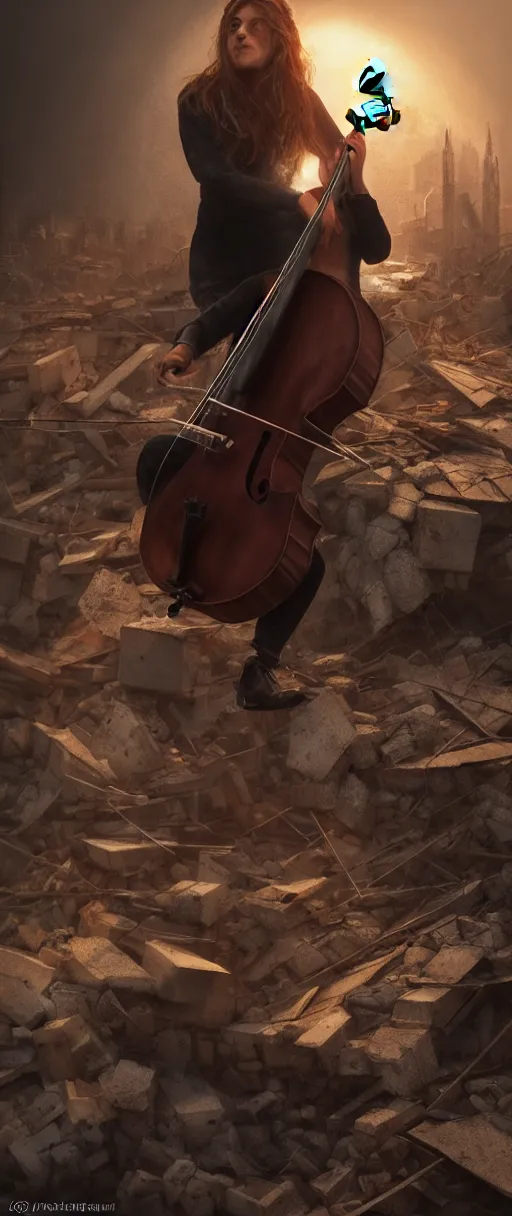 Image similar to a highly detailed portrait of a singular cellist playing in the rubble of a fallen building, beautifully lit, concept art, sharp focus, in the style of steve argyle, artstation HD, octane render