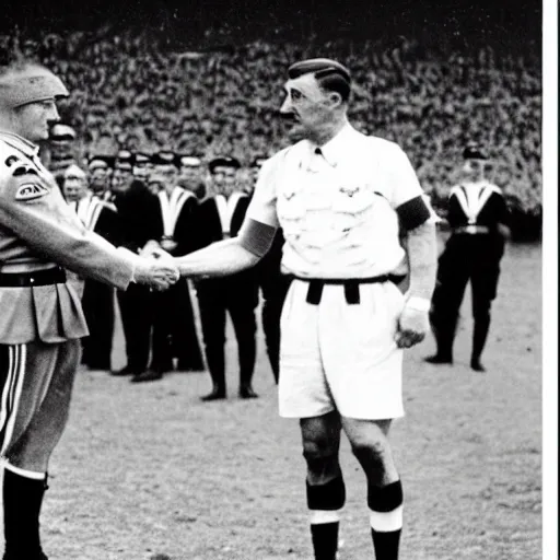 Prompt: modern press photograph of robert lewandowski shaking hands with adolf hitler during a football match