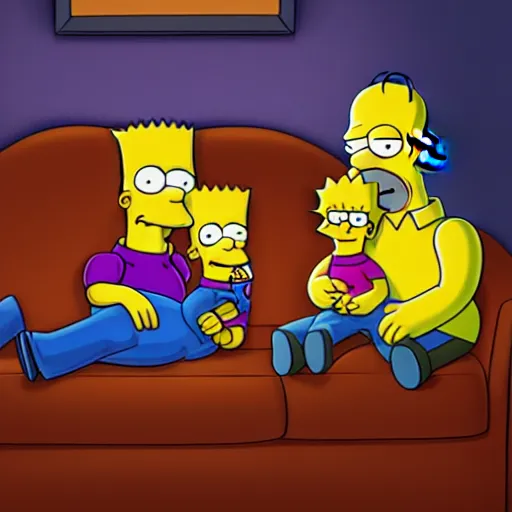 Prompt: Simpsons family sitting on the couch watching TV Stanley Artgerm Lau, dynamic lighting, stunning visuals, creative, trending on art station -150