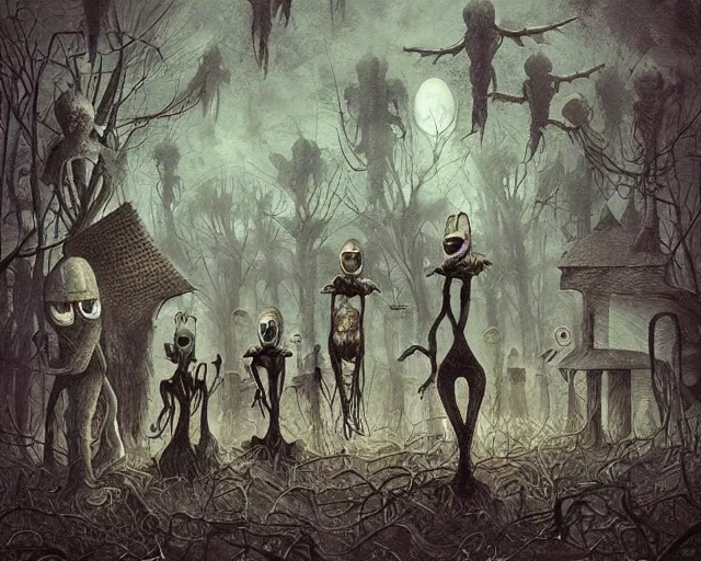 Prompt: a surreal painting of many bizarre otherworldly creatures standing in a small eerie village, by anton semenov and android jones