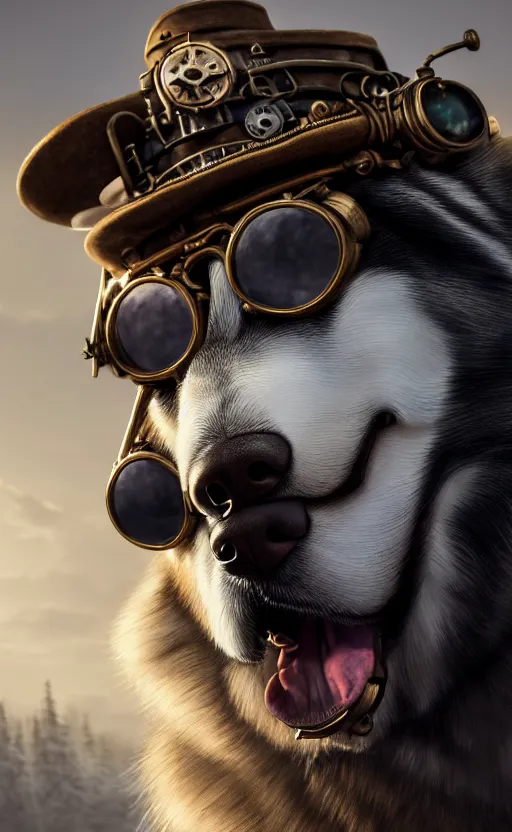 Image similar to hyper realistic ultra - detailed portrait of alaskan malamute face, steampunk hat with goggles and gears, upper body, detective coat, sharp focus, illustration, fantasy style, octane render, volumetric lighting, 8 k high definition, by greg rutkowski, highly detailed, trending on art station