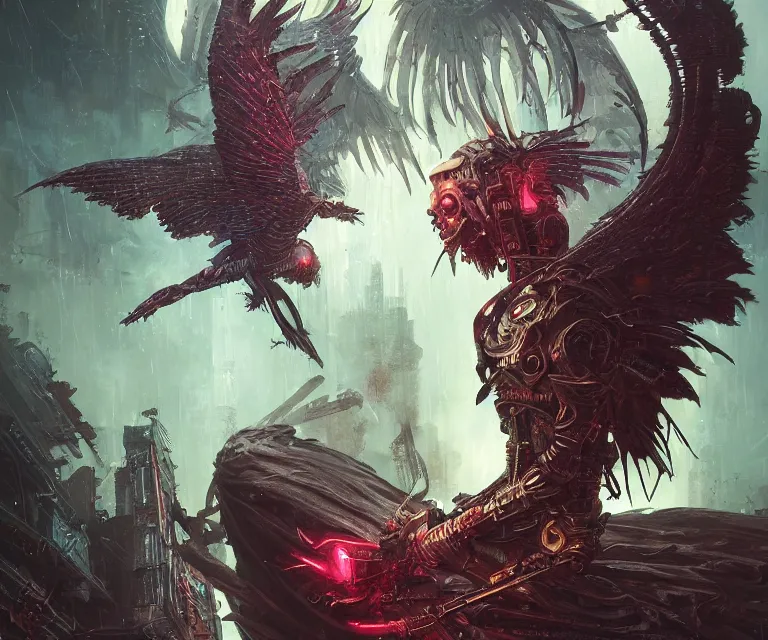 Prompt: a beautiful tarot card artwork of a cyberpunk fallen dark seraphim, horror, backlit, gloomy sky, highly detailed, digital painting, scales, by eddie mendoza and greg rutkowski and dan mumford and artgerm, vivid colors, masterpiece, detailed shading, 8 k resolution, intricate, smooth