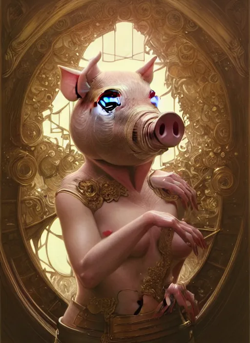 Prompt: robotic pig, d & d, wet, shiny, fantasy, intricate, elegant, extremely higly detailed, ultra definition, digital painting, artstation, anatomical perfection, baroque, one object, concept art, smooth, sharp focus, illustration, art by artgerm and greg rutkowski and alphonse mucha