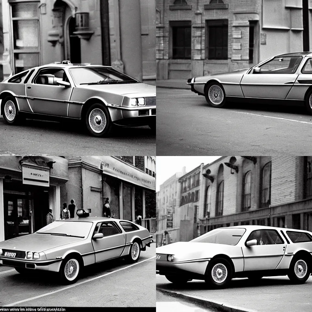 Prompt: 1950s photo of a DeLorean parked on the street