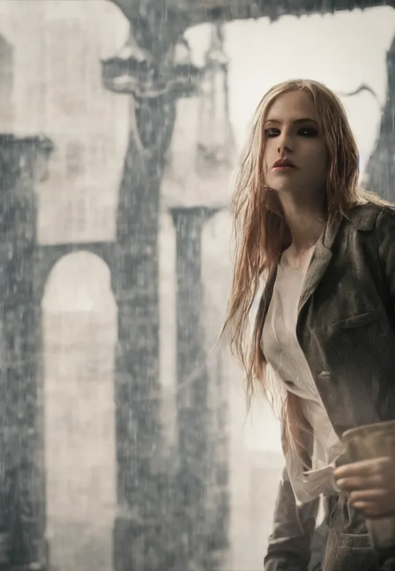 Image similar to cute model annie leonhart posing in dunwall city building roof, beautiful face, detailed face, realistic eyes, cinematic lighting, rainy weather, melancholy atmosphere, volumetric light, gothic architecture, realistic reflections, model agency, instagram photo, depression atmosphere, shot on sony camera, beauty filter, postprocessing