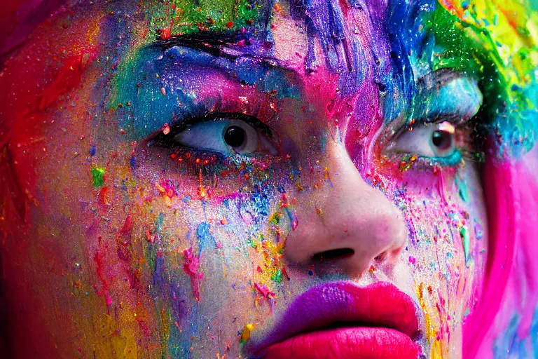 Prompt: a highly detailed cinematic headshot portrait photograph of a woman with a liquid paint headdress, with rainbow paint splash, melting smoothly into other faces, liquid, ultra realistic, beautiful rim lighting, by richard avedon and annie leibovitz and arnold newman, photorealistic, hyperrealistic, octane, high speed camera, zeiss lens, sharp focus, paint splash