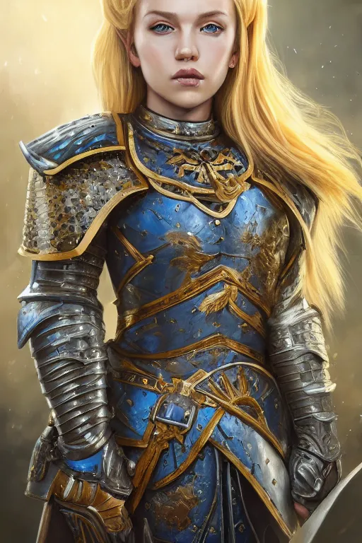 Image similar to highly detailed full body portrait painting of a proud young female knight in the style of Warhammer Fantasy by Artgerm and Arian Mark, medium length blonde hair, blue eyes, golden earrings, no helmet, low angle shot, highly detailed, trending on artstation, cgsociety, 4k, 8k, HDR, octane render, unreal engine