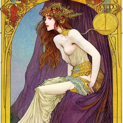 Image similar to beautiful ishtar goddess in long flowy dress, porcelain skin by rebecca guay and mucha