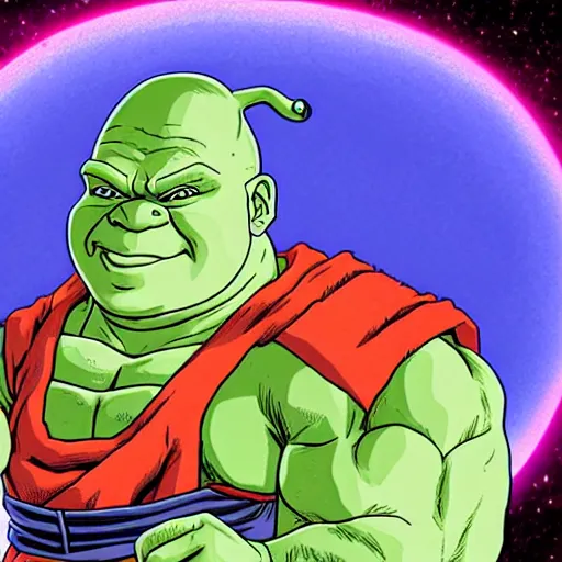 Image similar to portrait of shrek going super saiyan 3, by Akira Toriyama