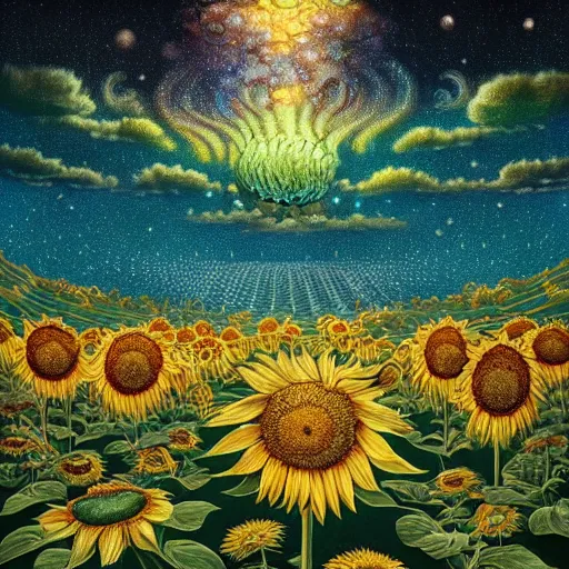 Image similar to detailed, intricate teal and iridescent, bioluminescent sunflowers in the field, nebula, galaxy in the sky, winning award masterpiece, fantastically beautiful, illustration, aestheticly inspired, jacek yerka, upscale with anguissola sofonisba work, artstation, 8 k