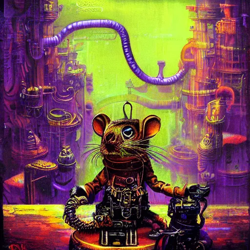 Image similar to steampunk rat, acid, 303, psychedelic, by paul lehr