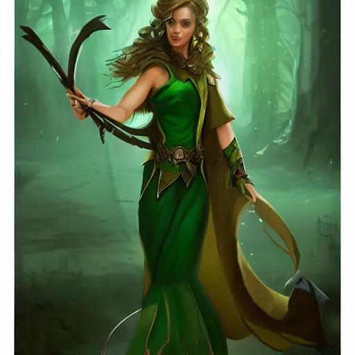 Prompt: a woman in a green dress standing holding a magic staff, a character portrait by Magali Villeneuve, featured on polycount, fantasy art, concept art, d&d, 2d game art