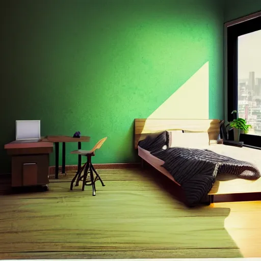 Prompt: small room in tokyo, window open, dawn, computer, green glow on monitor's face, walls anime posters, lots of appliances, small bed not made, hyper realism, photo realism, hyper details, soft light, soft shadows, oil painted, blurred photo