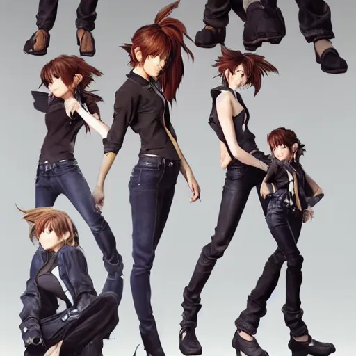 Image similar to a brown haired girl in a dynamic pose. character design. gesture drawing. line of action. official art, concept art. tetsuya nomura. final fantasy. shigenori soejima medium shot. ray tracing hdr. 8 k. uhd. sharp focus. highly detailed. masterpiece. cinematic lighting..