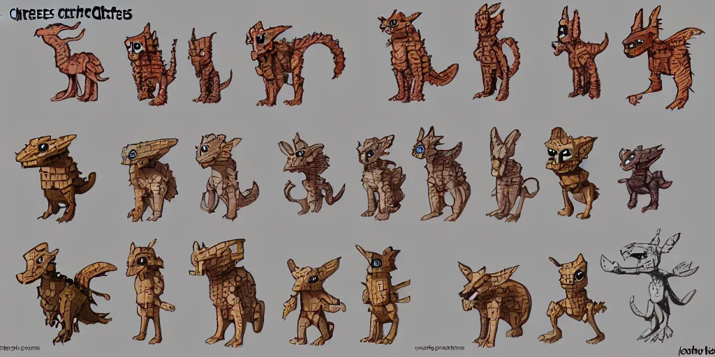 Image similar to creatures called critters, made out of few bricks. cute looking, sharp focus, moebius, character sheet, game concept art, brush work