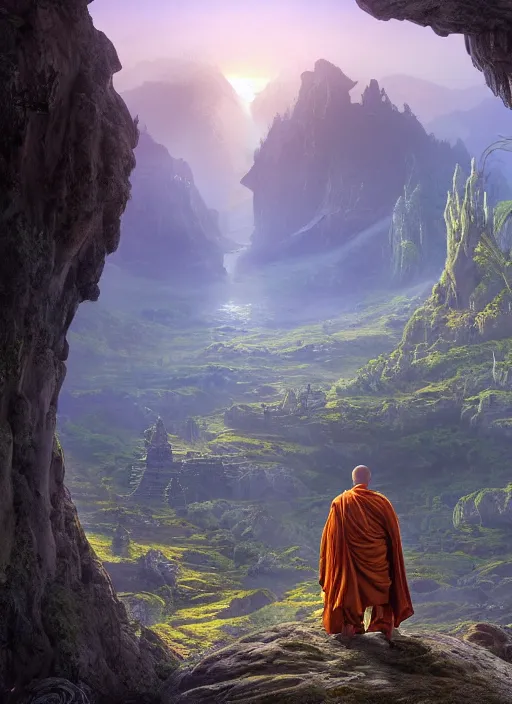 Image similar to a cosmic monk in lord of the rings scenery landscape, looking out at a gigantic alien temple, lush valley, sunrise, god's rays, highly detailed, vivid color, cinematic lighting, perfect composition, 8 k, gustave dore, derek zabrocki, greg rutkowski, belsinski, octane render