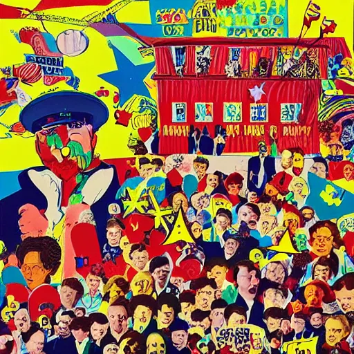 Prompt: a communist revolution in Candy Land, 1960s illustration, high quality, collage in the style of Klaus Voormann and Andy Warhol, album cover