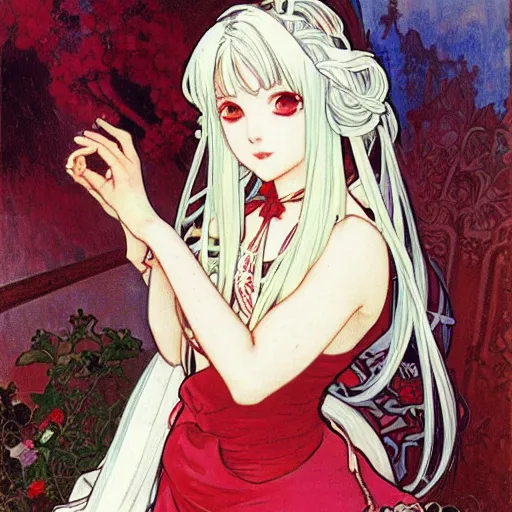 Image similar to Portrait of an anime girl with white hair wearing red gothic lolita dress, oil painting, art by Alphonse Mucha and Shirow Masamune