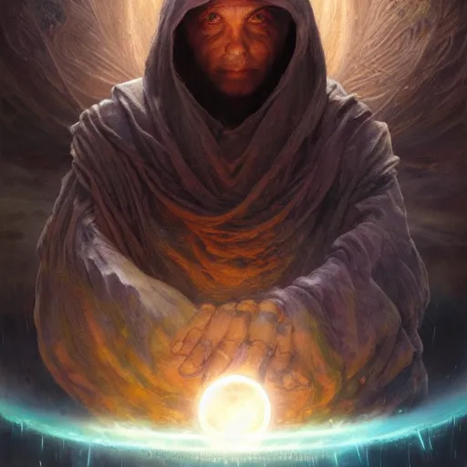 Image similar to the creator of worlds wearing a cloak and holding a holographic planet projection in his hand, detailed, sci - fi, digital painting, artstation, sharp focus, illustration, ominous, artgerm, tomasz alen kopera, peter mohrbacher, donato giancola, joseph christian leyendecker, wlop, frank frazetta