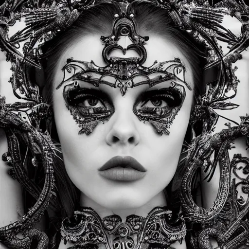 Image similar to a female model by chacarcter creator, photorealistic, biomechanical, intricate details, hyper realistic, ornate headpiece, dark beauty, photorealistic, canon r 3, photography, wide shot, photography, dark beauty ornate headpiece, dark beauty, photorealistic, canon r 3, photography, wide shot, photography, dark beauty, symmetrical features