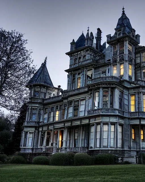 Prompt: a wide angle low photo of a ghostly victorian mansion at night