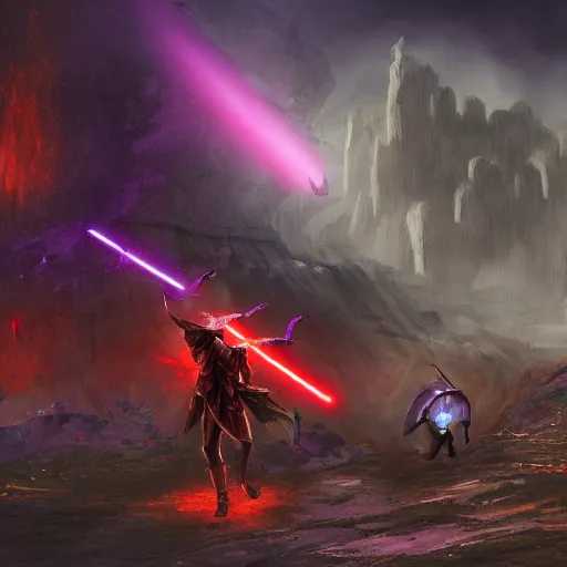 Image similar to a duel between 2 jedis standing in the ruins of crux prime, destroyed monastery, purple fiery maelstrom in the distance, digital art, artstationhq