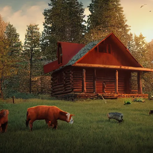 Image similar to a cabin in the woods with farm animals and friendly people, clash royal style characters, unreal engine 5, octane render, detailed, cinematografic, cinema 4 d, artstation trending