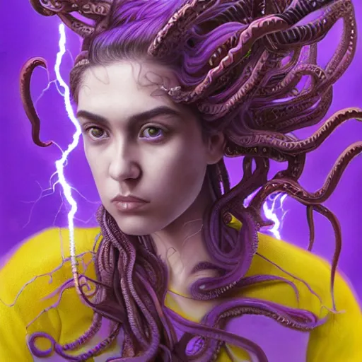 Image similar to detailed photo portrait of a furious teen girl with thin, hair-like purple tentacles on her head and bright purple eyes, 8k,by tristan eaton, Stanley Artgermm,Tom Bagshaw,Greg Rutkowski,Carne Griffiths,trending on DeviantArt, face enhance,hyper detailed ,full of colour, dramatic lightning