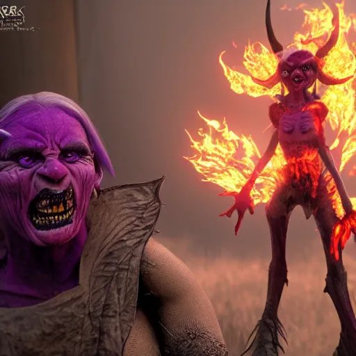 Image similar to a frightening, enraged elf with violet skin reflecting a fiery scene, a scarred face, a bob haircut, and bushy eyebrows, grinning, with hell aflame behind them, in the style of gary frank and rafael albuqurque, rendered in unreal engine