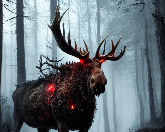 Image similar to 5 5 mm close up portrait photo of an armored demonic burning moose with red eyes and antlers and looking at the camera, in a magical forest. dark atmosphere. art by greg rutkowski and luis royo. highly detailed 8 k. intricate. lifelike. soft light. nikon d 8 5 0.