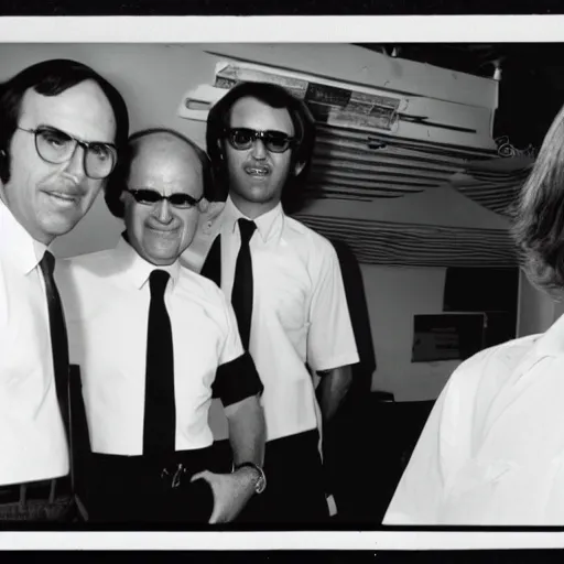Prompt: photograph of 4 old men wearing white polo shirts and black khaki pants working behind the counter of an enterprise rent - a - car in 1 9 7 5