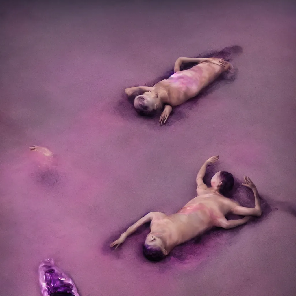 Image similar to iridiscent oil spill with women corpses connected by cables and computers to wax forms to a buried baby relaxing on yoga mat, faded, purple and red gradient, dust, purple fog, depth of field, by nadav kander and hans bellmer, 8 k, ultrarealistic, sad atmosphere, cinematic, 8 5 mm lens