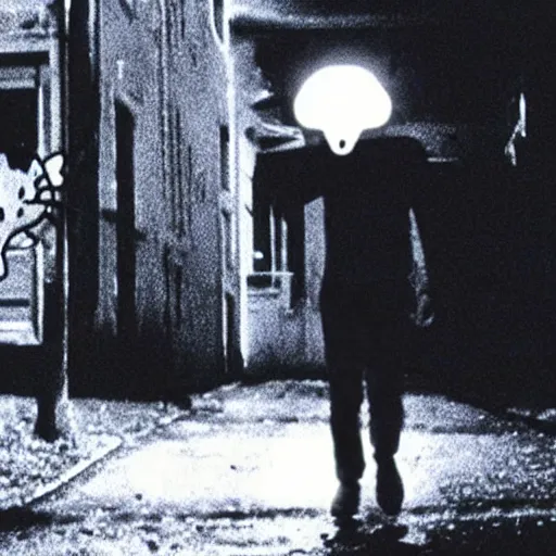 Image similar to film still of a bloodied psycho killer with a hello kitty mask walking on an empty street beneath a lamp, grainy, horror movie, creepy, eerie, dark, great cinematography, amazing lighting, directed by scott derrickson