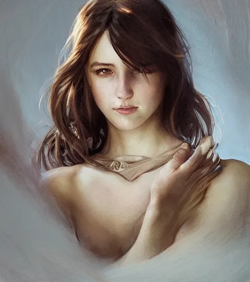 Image similar to portrait of a young woman, soft features, gentle smile, muscular, half body, cloth, short brown hair, back light, d & d, fantasy, intricate, highly detailed, digital painting, artstation, concept art, smooth, sharp focus, illustration, art by artgerm and greg rutkowski and alphonse mucha