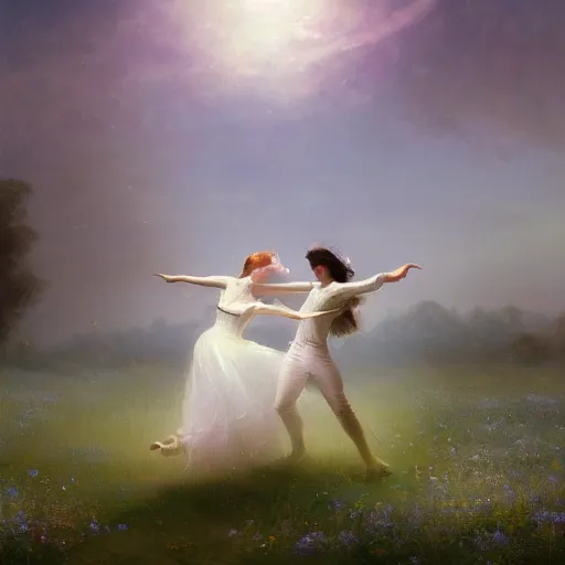 Image similar to the moonlit dance of the fae, dancers in white dancing across a flower meadow the moonlit dance by elena vizerskaya and ivan aivazovsky, perfectly detailed, artstation, sharp focus, highly detailed, studio photography