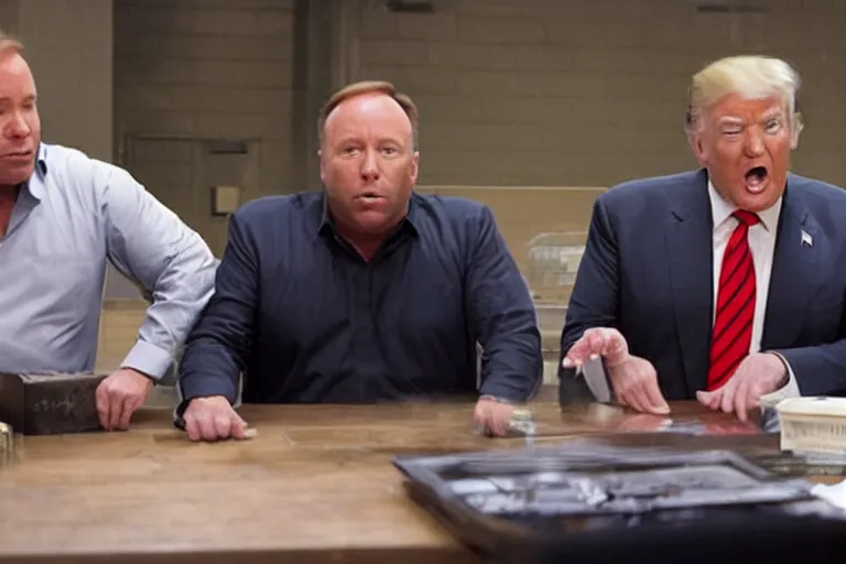 Image similar to movie still of donald trump and alex jones in jail, photograph, tv show, cinematic