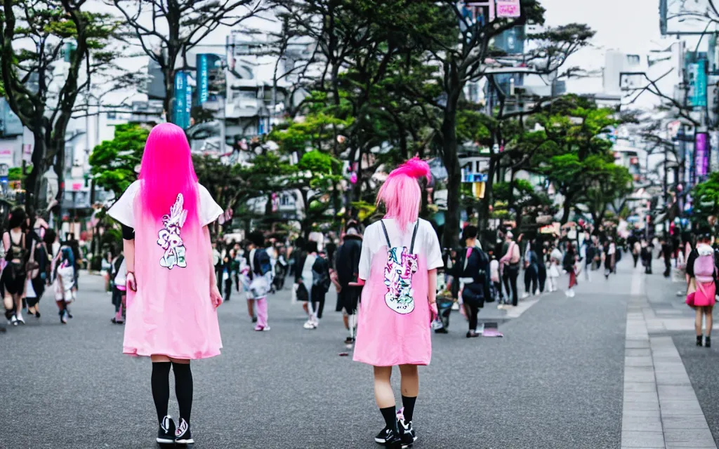 Image similar to a full body portrait of a harajuku girl with pink hair , in the background is Shinjuku Tokyo, daytime Ghibli studio, Bokeh, depth of field ,