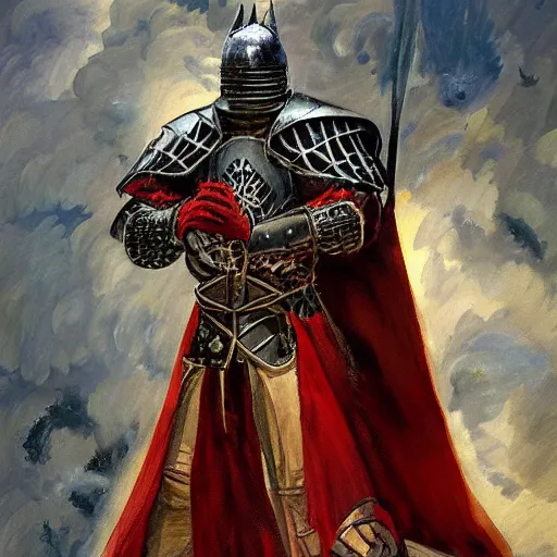 Prompt: a very elegant oil painting of a fantasy knight and a magical wizard robe made of dragon hide combination, using magic, magic leaking out of them, smooth painting, medieval armor, custom armor design, pointy, the red glows coming through the knight helmet, paint smears, digital art, character design, d & d character, heavy shading, by vasnetsov