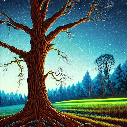 Prompt: This painting has such a feeling of peace and serenity. The tree is so still and calm, despite the wind blowing around it. The moonlight casts a soft glow over everything and the starts seem to be winking at you... by Dan Mumford