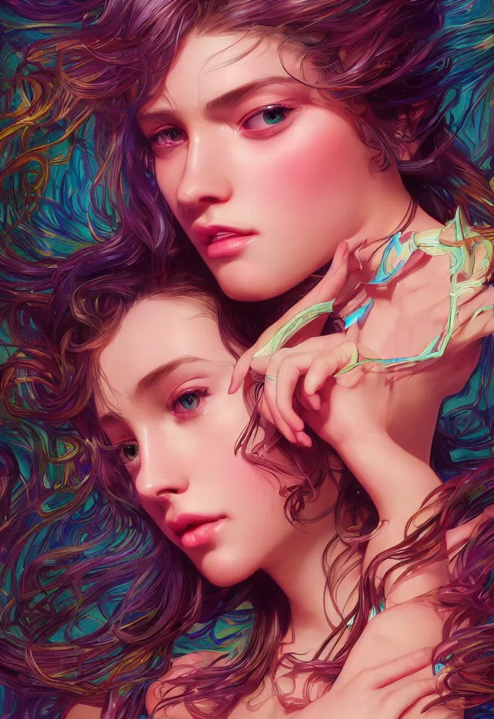 Image similar to beautiful, young woman, detailed gorgeous face, vaporwave aesthetic, synthwave, colorful, psychedelic, artstation, concept art, smooth, extremely sharp detail, finely tuned detail, ultra high definition, 8 k, unreal engine 5, ultra sharp focus, illustration, art by artgerm, greg rutkowski and alphonse mucha