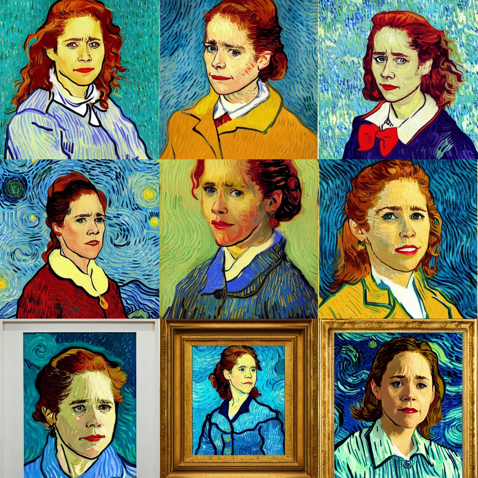 Prompt: portrait of Pam Beesly wearing by van gogh