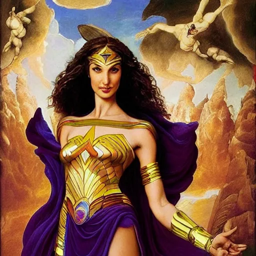 Image similar to Full body oil painting of the beautiful goddess Gal Gadot, she is egyptian, she is wearing a strophion and a surreal ornate, her hair is natural disheveled, she is approaching heaven over the clouds, naturalism, dramatic lighting, high-detailed oil painting by Ilya Repin, Michelangelo da Caravaggio, William Blake, Alex Grey and Beksinski, trending on Artsation, hystorical painting, naturalism, masterpiece, 4k, 8k,