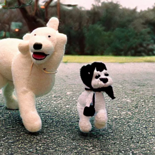 Image similar to taking a stuffed dog for a walk realistic 3 5 mm cinematic