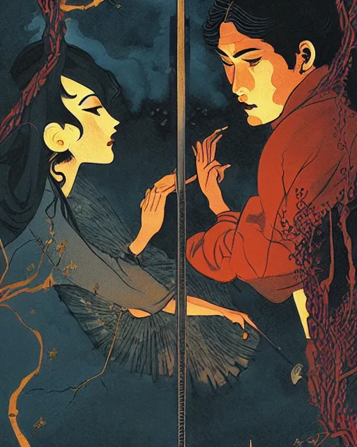 Prompt: the lovers tarot card, beautiful, cinematic, dramatic, super detailed and intricate, by koson ohara, by darwyn cooke, by greg rutkowski, by satoshi kon