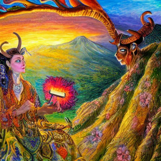 Image similar to painting by senior concept artist josephine wall, horned ram goddess checking her cell phone, erupting volcano and sunset in distance in background, flowers in foreground