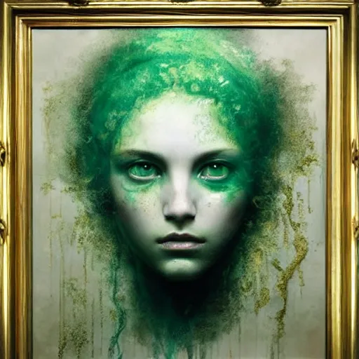 Prompt: Medusa by cy Twombly and BASTIEN LECOUFFE DEHARME, gold and emerald, iridescent, volumetric lighting