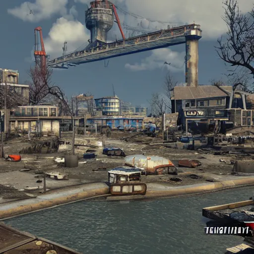 Image similar to rotterdam harbor in ruins post - nuclear war in fallout 4, in game screenshot