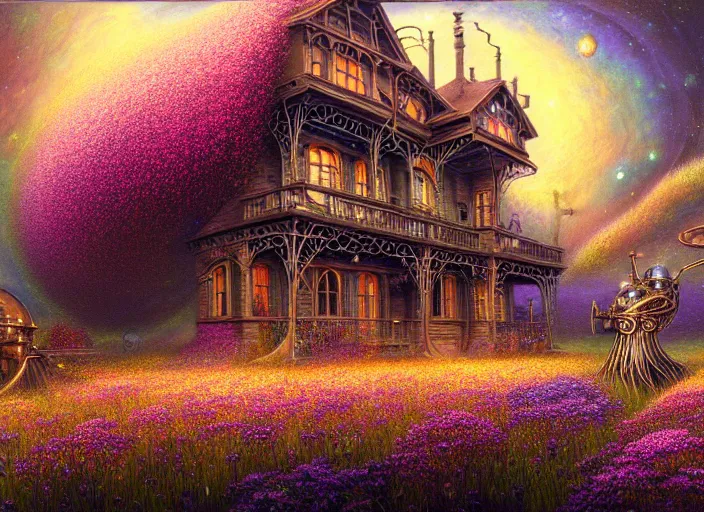 Image similar to a beautiful painting of a large steampunk house shrouded by mystic nebula magic in a field of flowers by moebius and android jones, oil on canvas sharp, details, hyper - detailed, hd, hdr, 4 k, 8 k