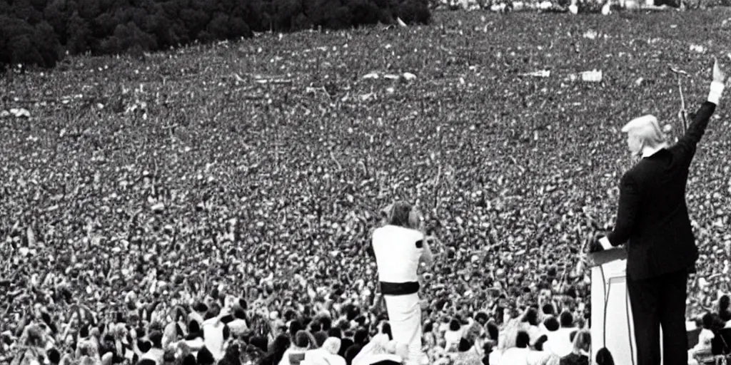 Prompt: Donald Trump live at Woodstock 1969, grainy photo